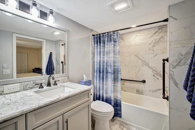 full bathroom with vanity, toilet, shower / tub combo, and tile patterned flooring