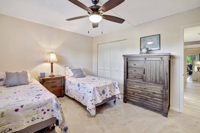 bedroom featuring ceiling fan and a closet