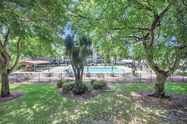 view of swimming pool with a yard