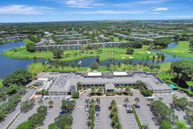 bird's eye view with a water view