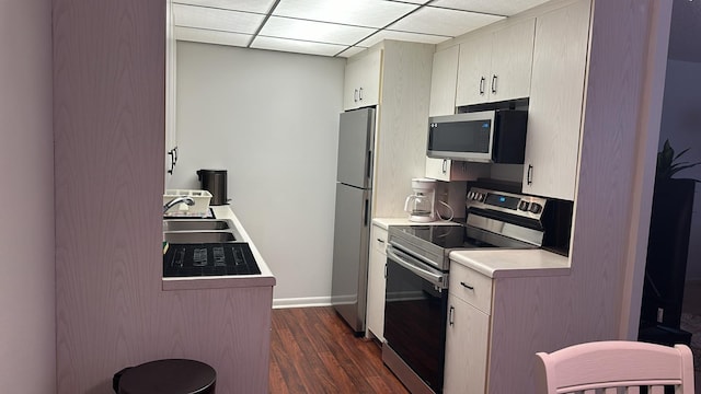 kitchen with a drop ceiling, sink, dark hardwood / wood-style flooring, and stainless steel appliances