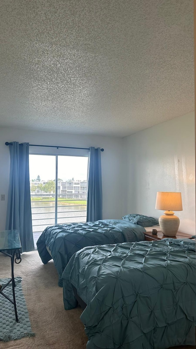 carpeted bedroom with access to outside and a textured ceiling