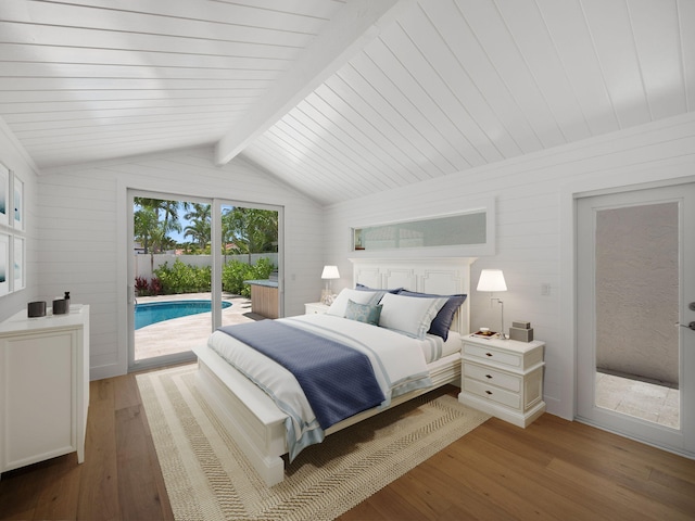 bedroom featuring access to exterior, hardwood / wood-style flooring, and lofted ceiling with beams