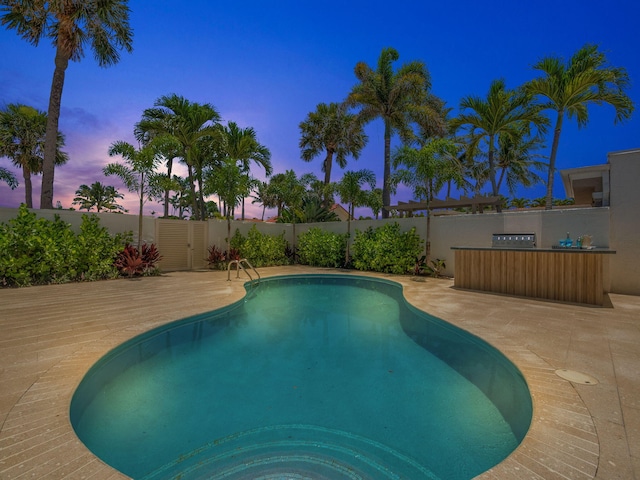 pool at dusk featuring a patio area