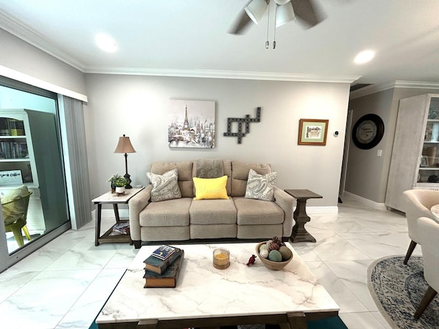 living room with ceiling fan and crown molding