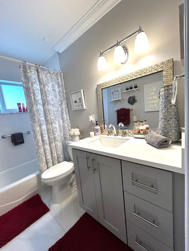 full bathroom featuring vanity, shower / tub combo, crown molding, toilet, and tile patterned floors