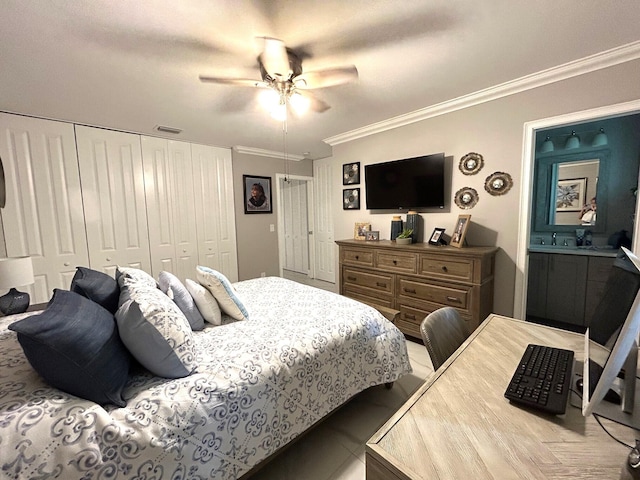 bedroom featuring crown molding and ceiling fan