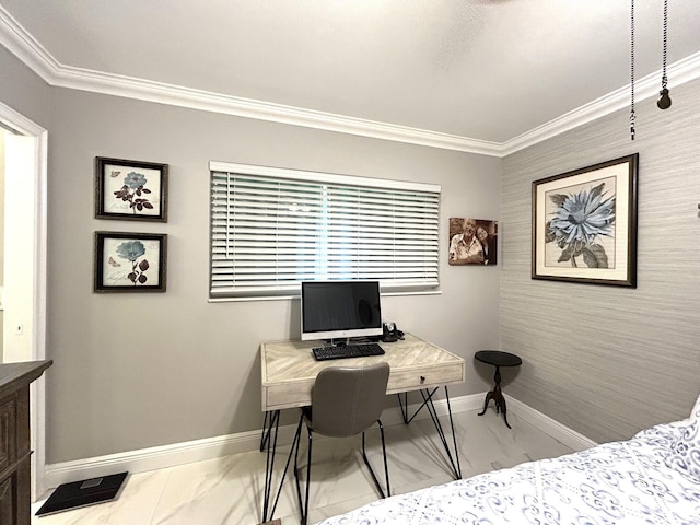 office area featuring crown molding