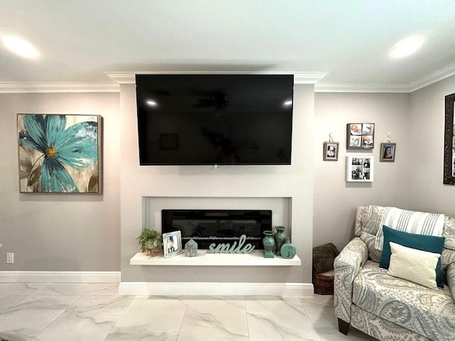 living room featuring crown molding