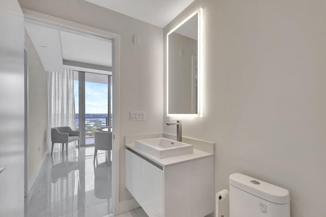 bathroom featuring vanity, toilet, and expansive windows