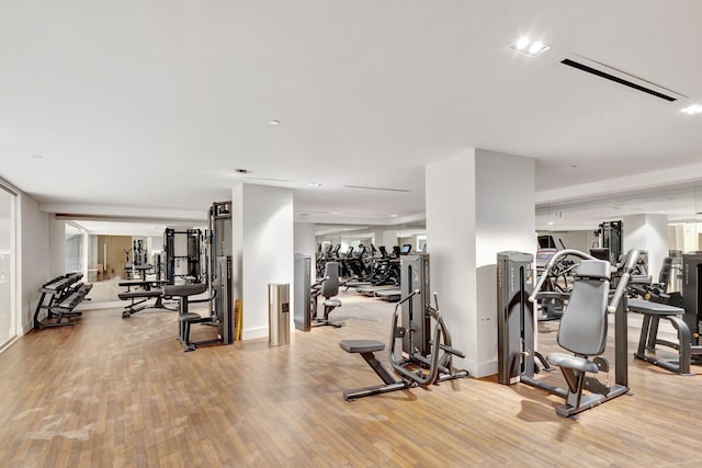 workout area with light hardwood / wood-style floors