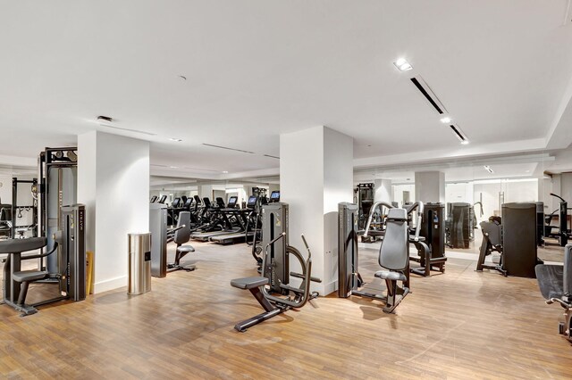 exercise room featuring light hardwood / wood-style flooring