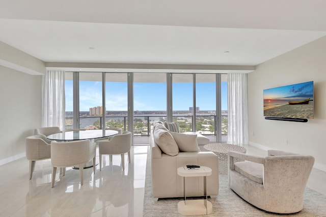 living room featuring a healthy amount of sunlight and a wall of windows