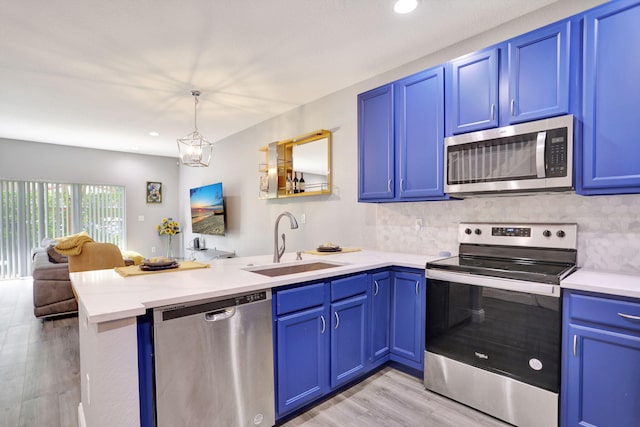 kitchen featuring sink, stainless steel appliances, blue cabinets, backsplash, and kitchen peninsula