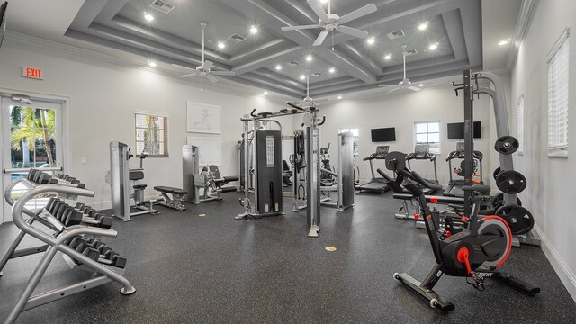 gym featuring crown molding, ceiling fan, and coffered ceiling