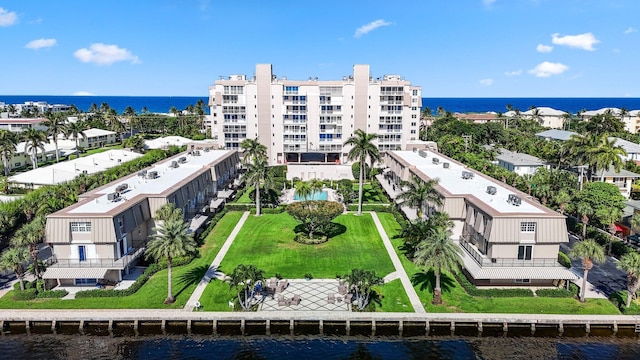 drone / aerial view with a water view