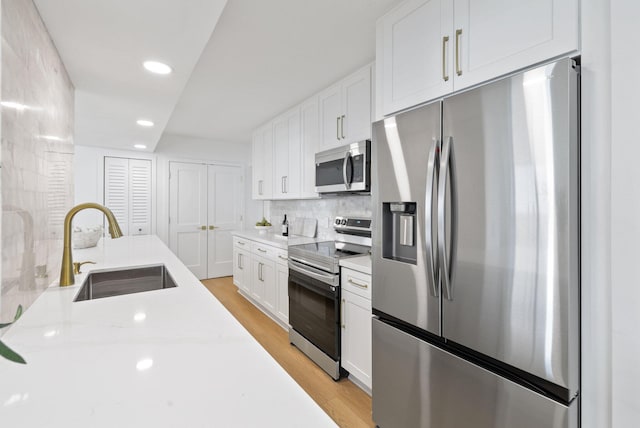 kitchen with white cabinetry, light wood-type flooring, backsplash, stainless steel appliances, and sink