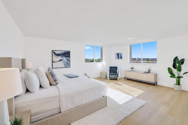 bedroom featuring light hardwood / wood-style floors and multiple windows