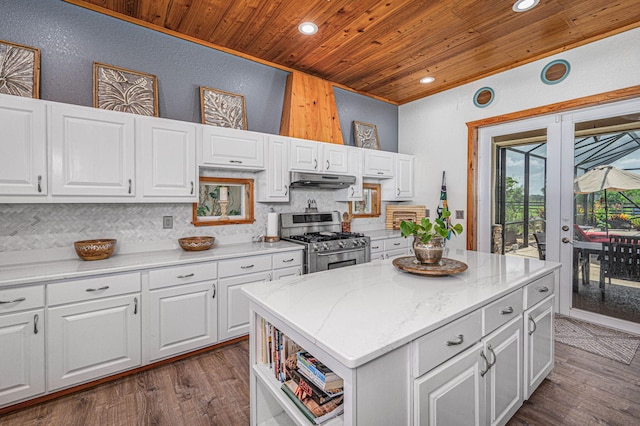 kitchen featuring white cabinetry, stainless steel range, wooden ceiling, dark wood-type flooring, and a kitchen island