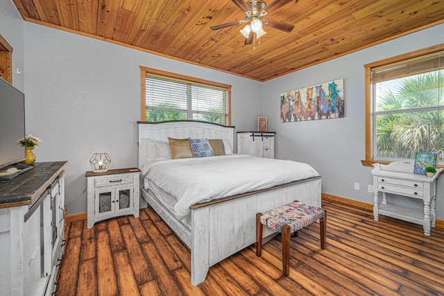 bedroom with ceiling fan, multiple windows, and wooden ceiling