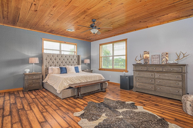 bedroom featuring ceiling fan, wood-type flooring, crown molding, and wood ceiling