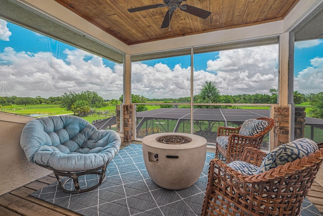 sunroom / solarium with ceiling fan and wooden ceiling