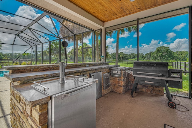 view of patio / terrace with a lanai and area for grilling