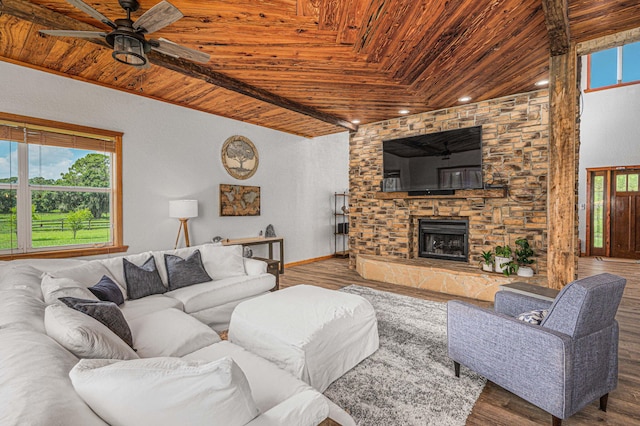 living room with hardwood / wood-style flooring, a wealth of natural light, a stone fireplace, and wood ceiling