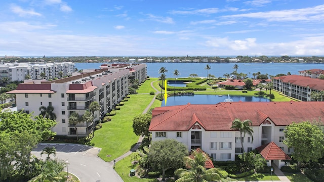 aerial view featuring a water view