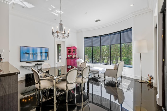 dining space featuring a chandelier and ornamental molding