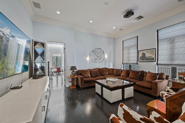 living room with dark hardwood / wood-style floors and ornamental molding