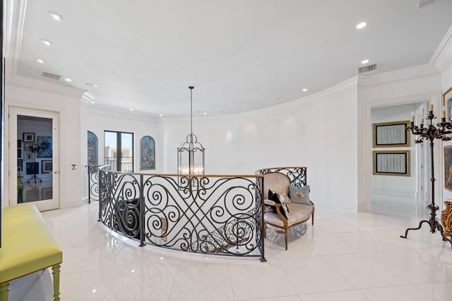 hall featuring french doors, an inviting chandelier, crown molding, and light tile patterned flooring