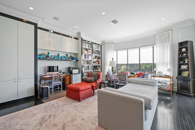 living room featuring crown molding and dark wood-type flooring