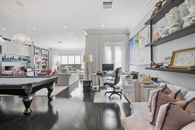 game room with crown molding, wood-type flooring, and billiards