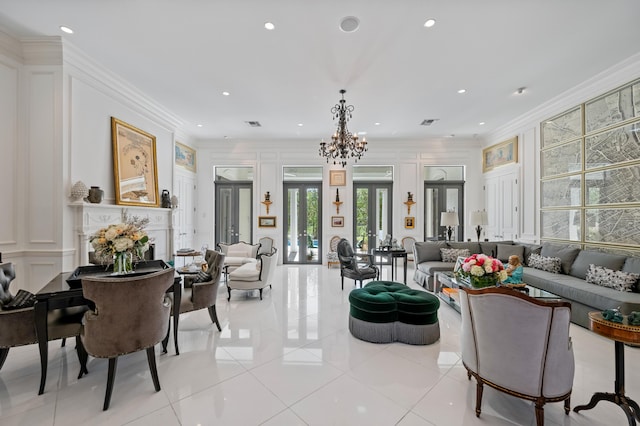 tiled living room featuring crown molding, french doors, and a notable chandelier