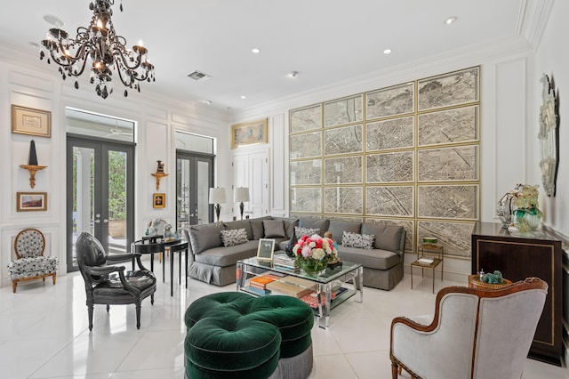 tiled living room featuring french doors, an inviting chandelier, and crown molding