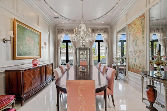 tiled dining room featuring a notable chandelier and crown molding