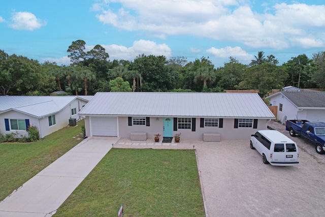 ranch-style house featuring central AC unit and a front yard