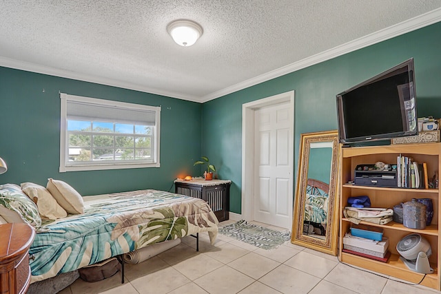 tiled bedroom featuring a textured ceiling and crown molding