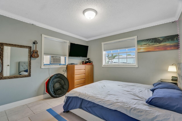 tiled bedroom with a textured ceiling, cooling unit, and crown molding