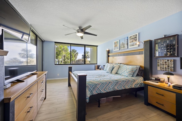 bedroom with a textured ceiling and ceiling fan