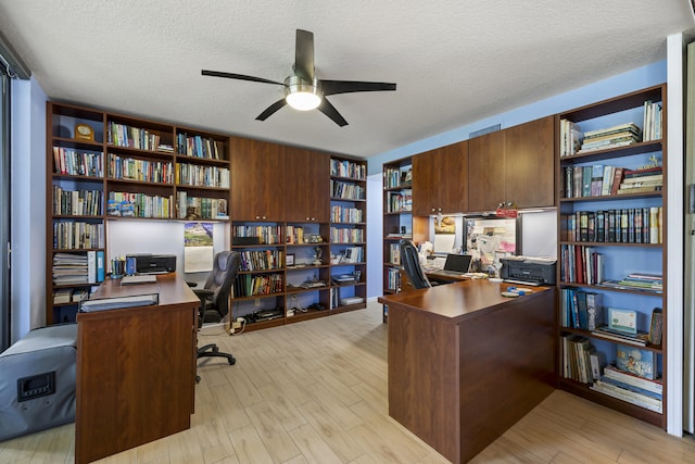 office area featuring a textured ceiling, light hardwood / wood-style flooring, and ceiling fan