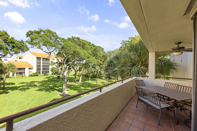 balcony featuring ceiling fan