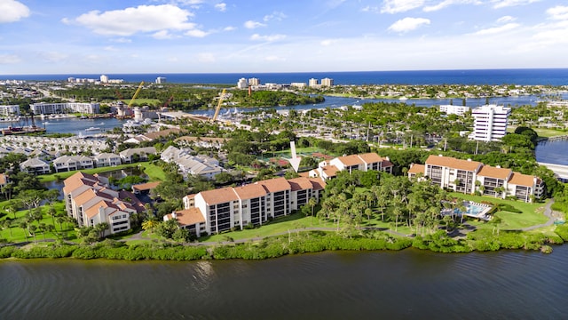 drone / aerial view with a water view