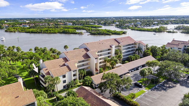 aerial view featuring a water view