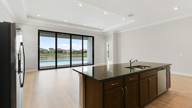 kitchen with appliances with stainless steel finishes, a tray ceiling, a kitchen island with sink, and sink