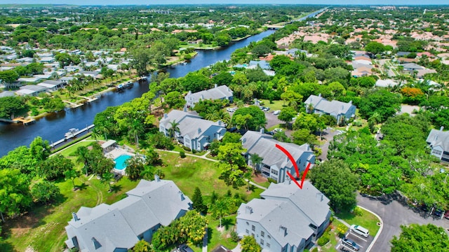 aerial view featuring a water view