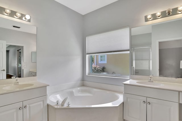 bathroom featuring vanity and independent shower and bath