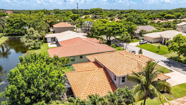 aerial view featuring a water view