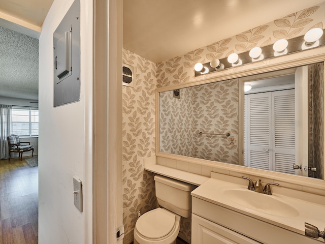 bathroom featuring vanity, toilet, wood-type flooring, and a textured ceiling